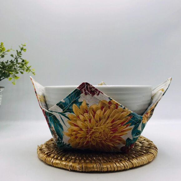 Microwave Soup Bowl Cozy, Reversible, Holiday Festive Dahlias Best Gift Idea - Picture 2 of 10